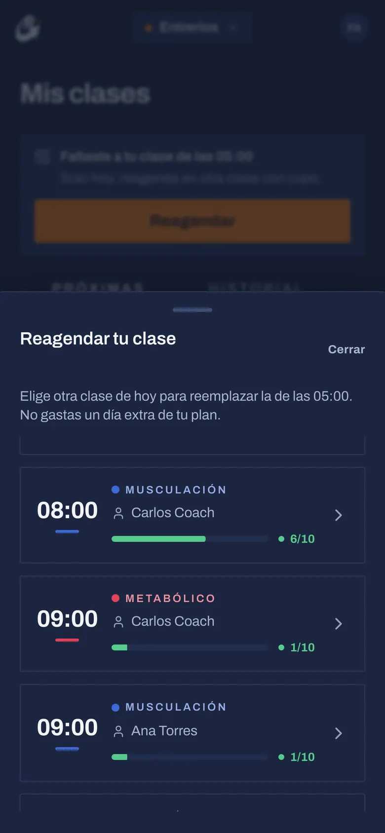 Paso 3: Elige otra clase de hoy con cupo